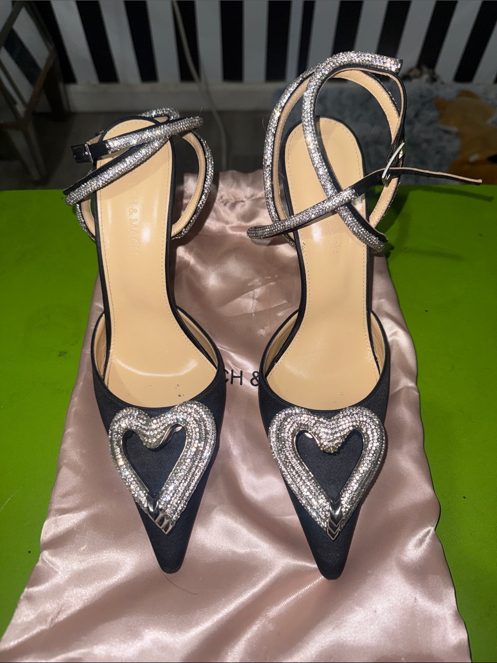 Mach & Mach Black Satin Pointed-Heel Sandals With Crystal Heart Embellishment
